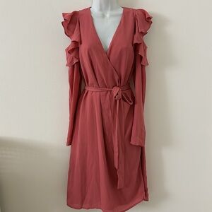 Pink midi wrap dress with cutout shoulder